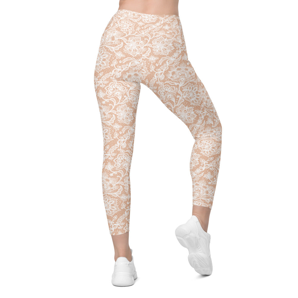 Womens Workout Yoga White Faux Lace Leggings with Pockets | Gearbunch