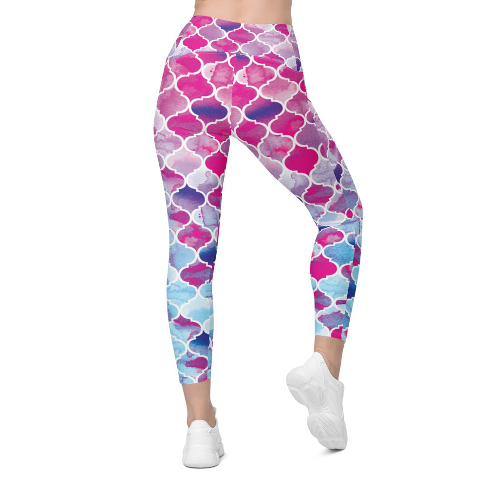 Pink & Blue Arabic Pattern Leggings with Pockets | Gearbunch.com