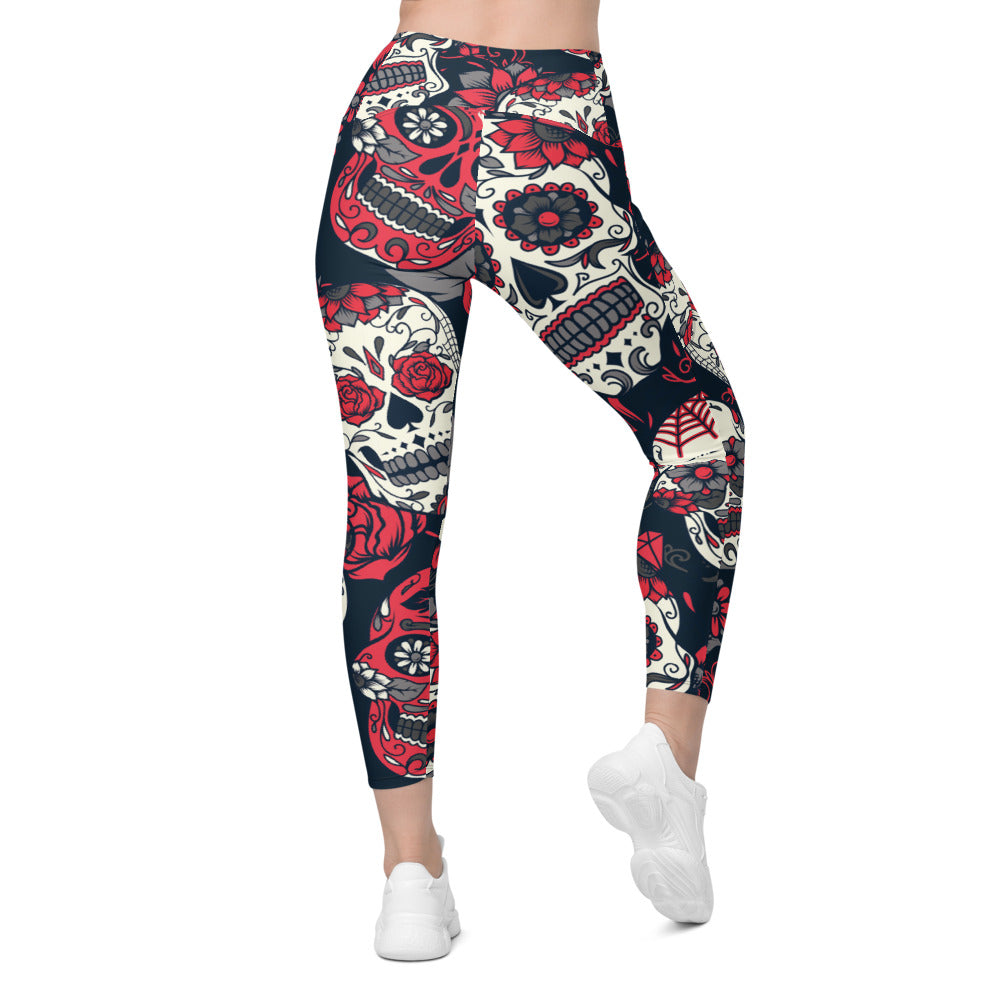 Womens Workout Yoga Pink Sugar Skull Leggings with Pockets | Gearbunch