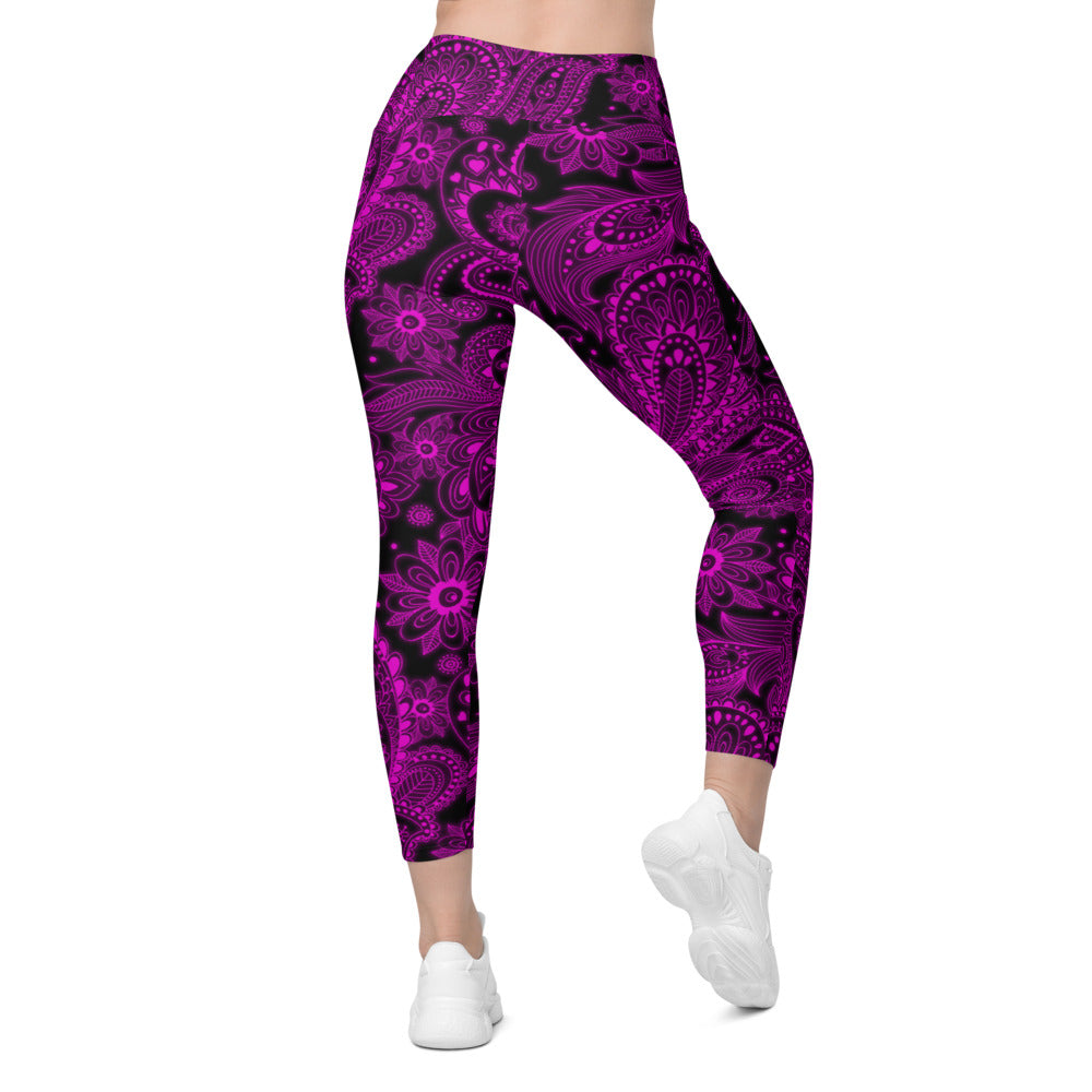 Womens Pink Glowing Floral Leggings with Pockets Black | Gearbunch.com