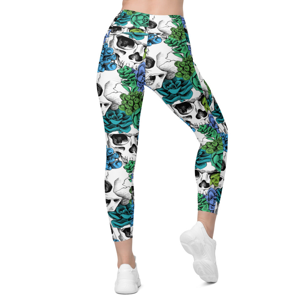 Womens Blue Floral Skulls Leggings with Pockets | Gearbunch.com 