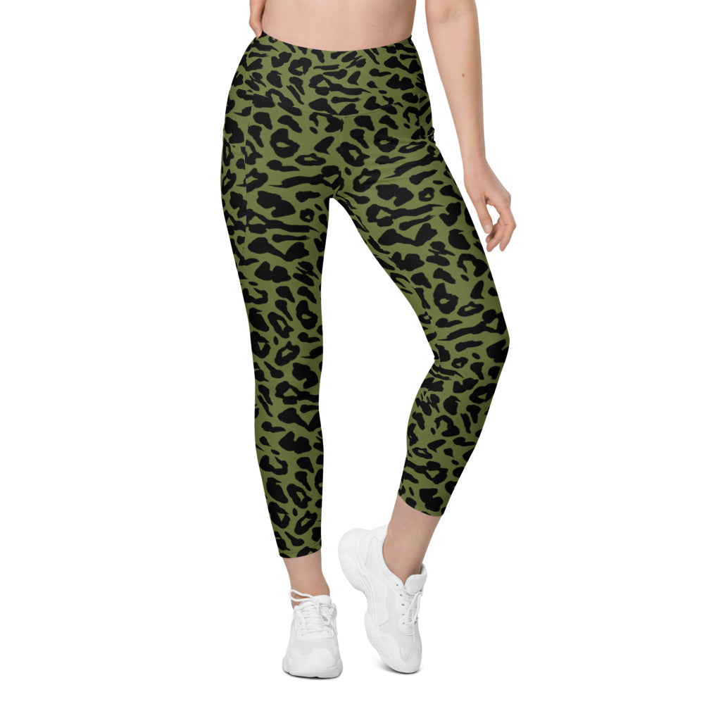 Womens Workout Yoga Olive Green Leopard Skin Leggings with Pockets