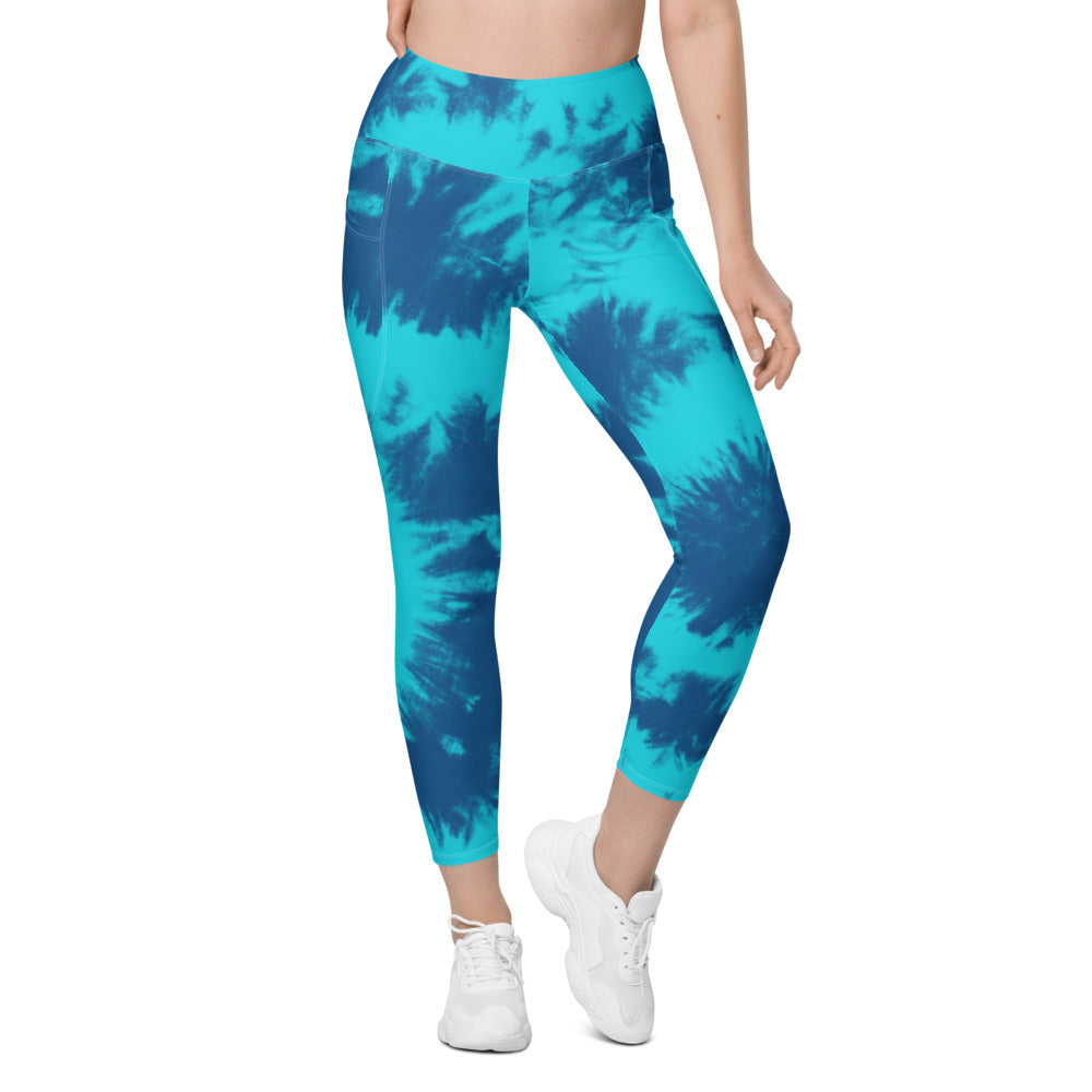 Womens Workout Yoga Blue & Aqua Tie Dye Leggings with Pockets