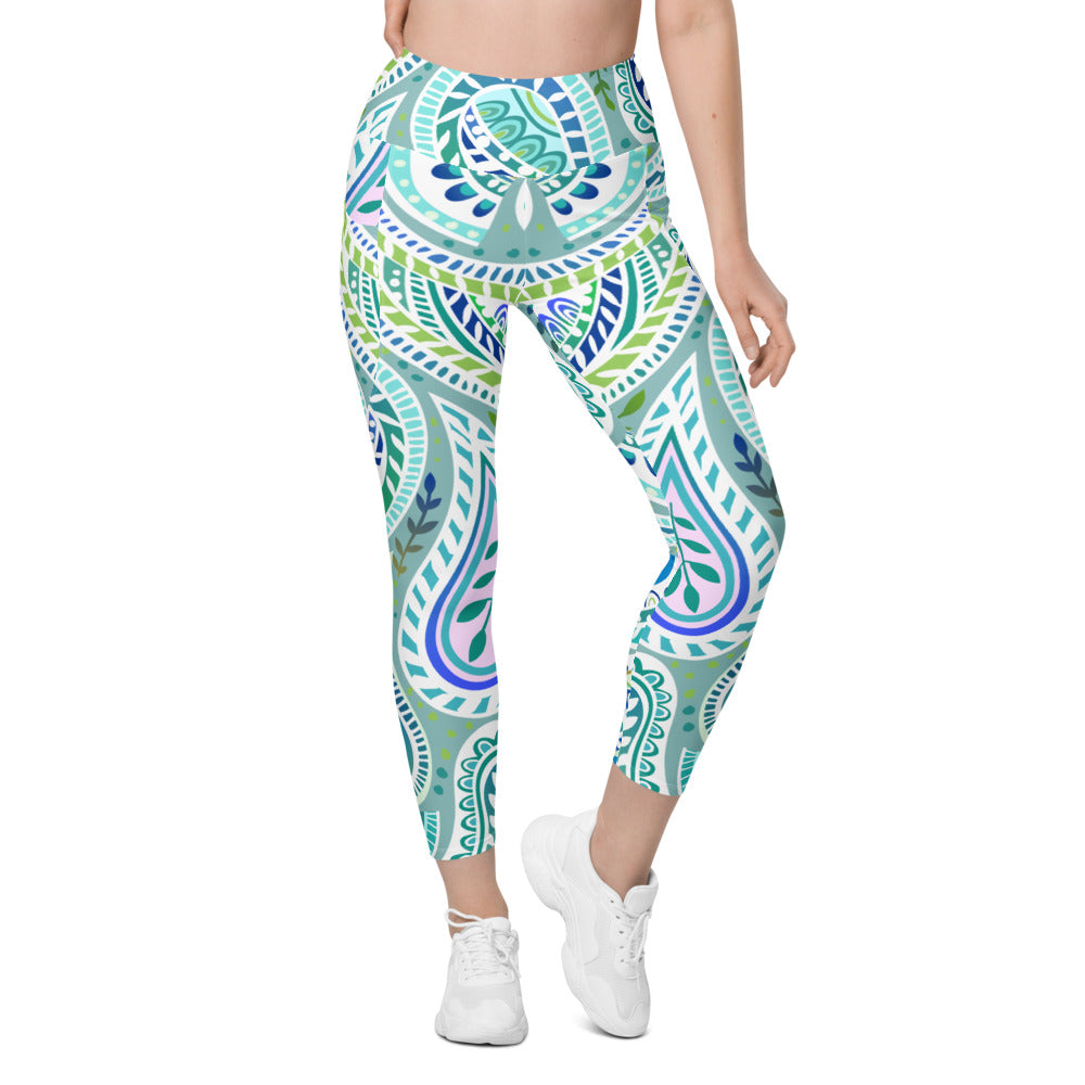 Womens Workout Yoga Blue and Green Paisley Leggings with Pockets 