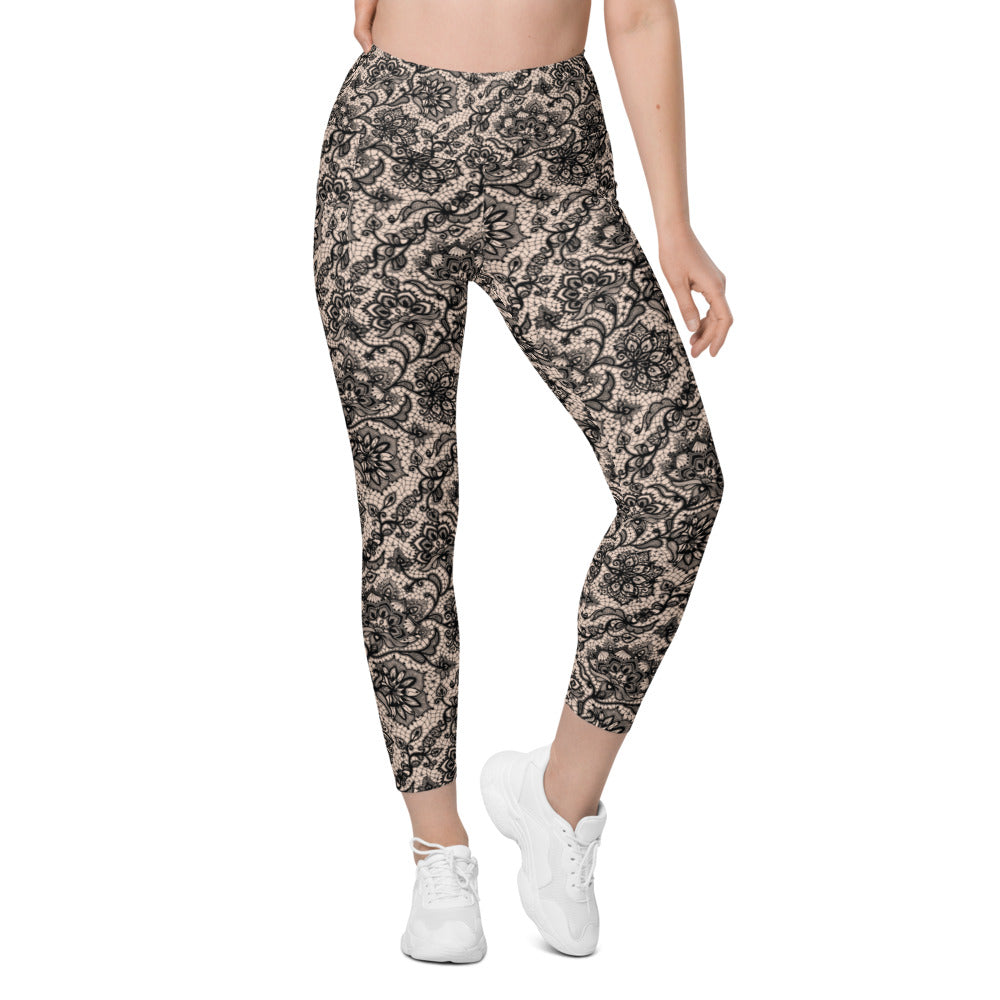 Womens Workout Yoga Black Faux Lace Leggings with Pockets | Gearbunch