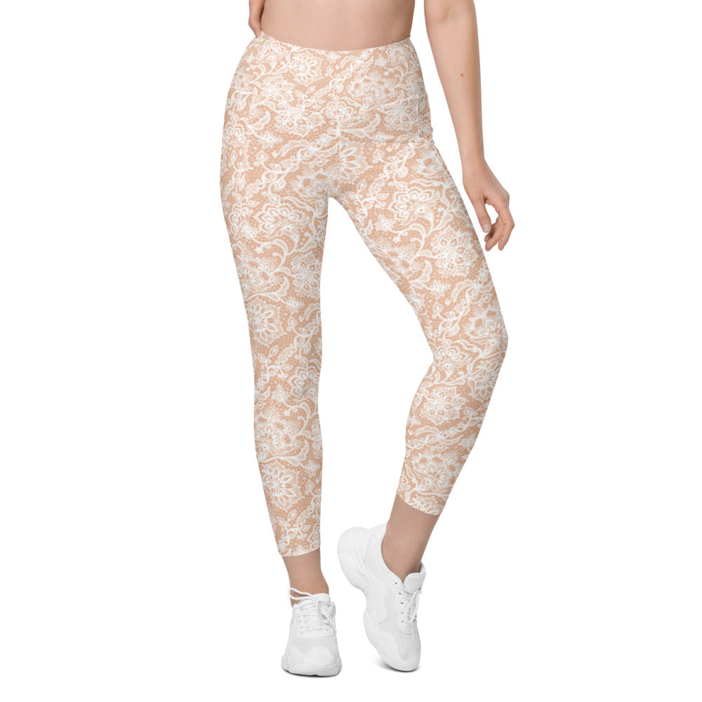 Womens Workout Yoga White Faux Lace Leggings with Pockets | Gearbunch