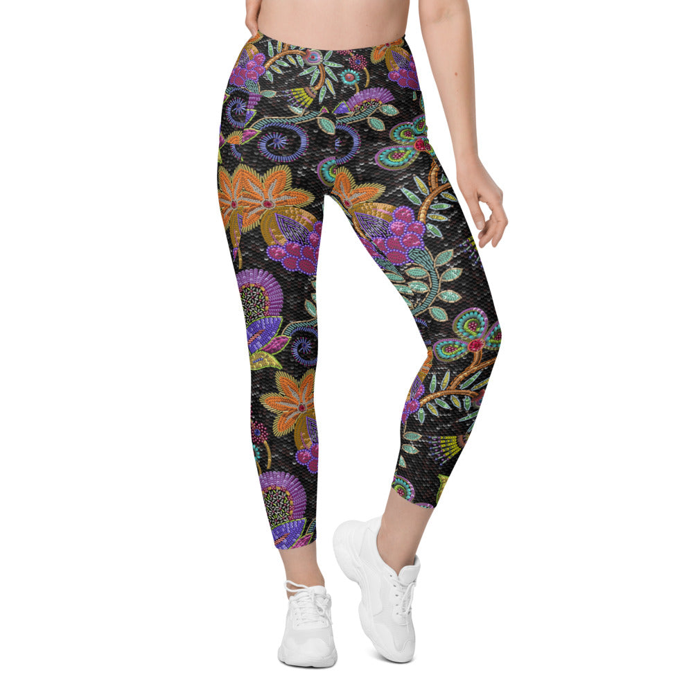 Womens Workout Faux Paillette Flower Leggings with Pockets | Gearbunch