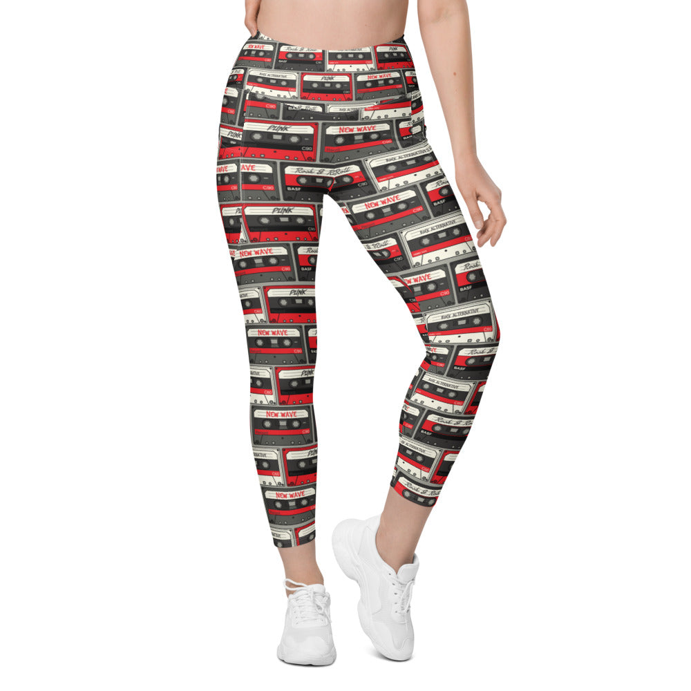 Womens Workout Retro Cassette Tapes Leggings with Pockets | Gearbunch