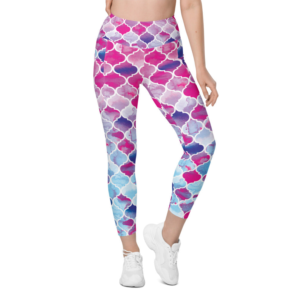 Pink & Blue Arabic Pattern Leggings with Pockets | Gearbunch.com