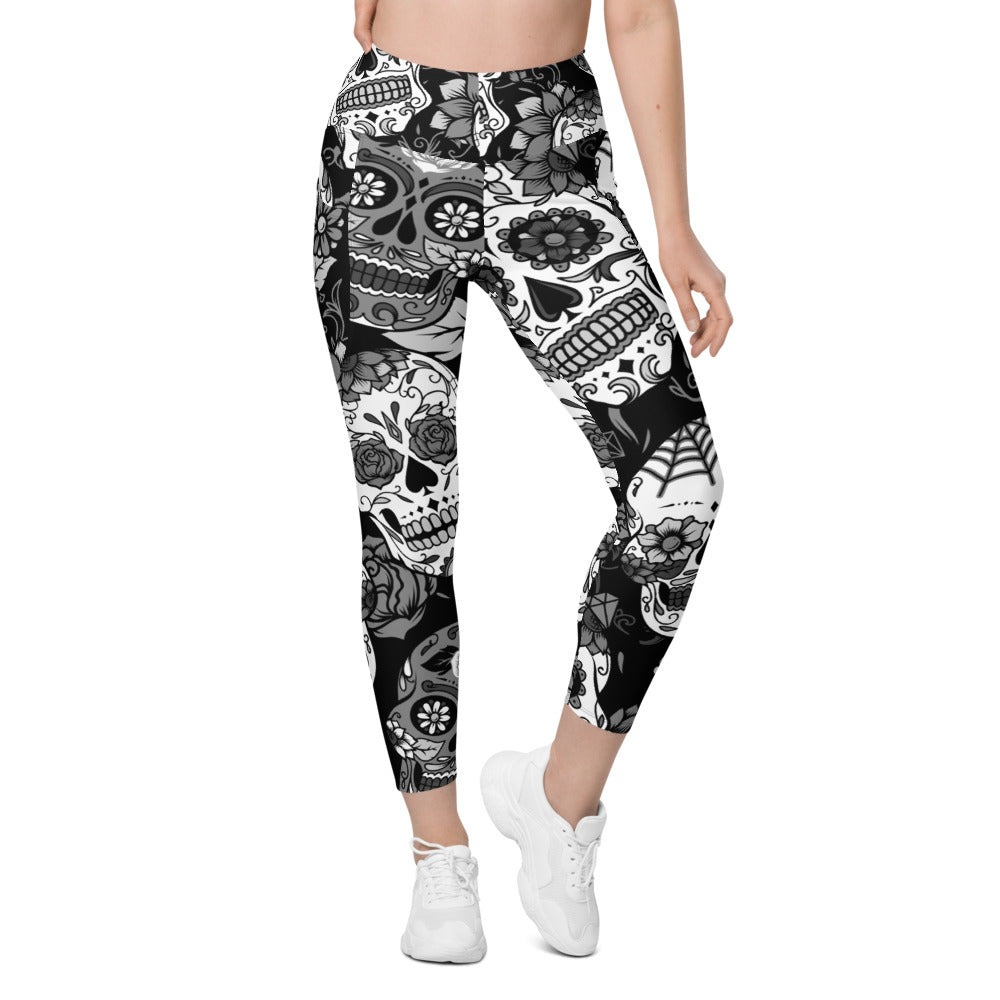 Womens Black & White Sugar Skull Leggings with Pockets | Gearbunch.com