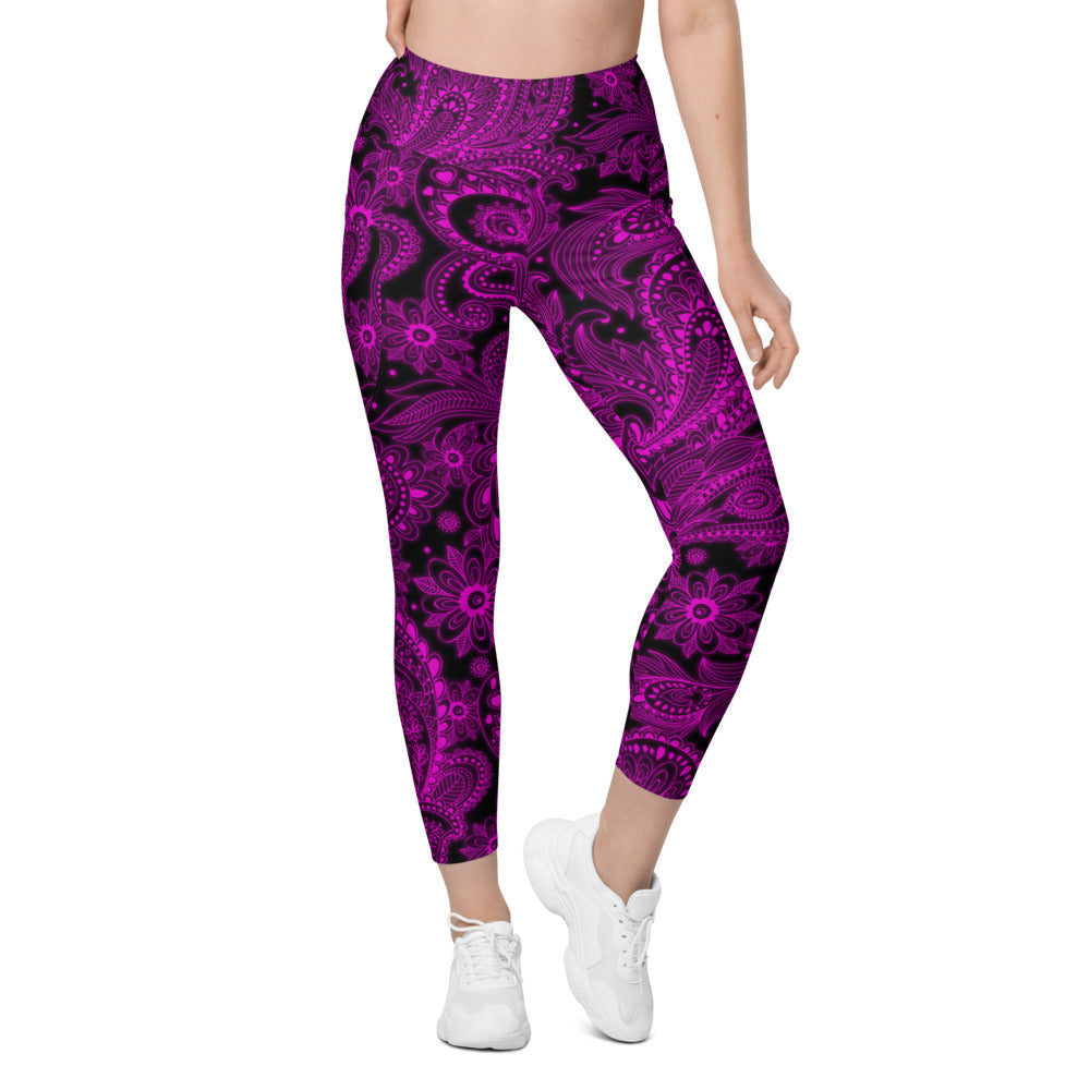 Womens Pink Glowing Floral Leggings with Pockets Black | Gearbunch.com