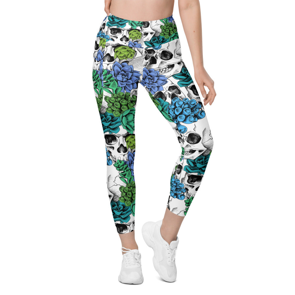 Womens Blue Floral Skulls Leggings with Pockets | Gearbunch.com 