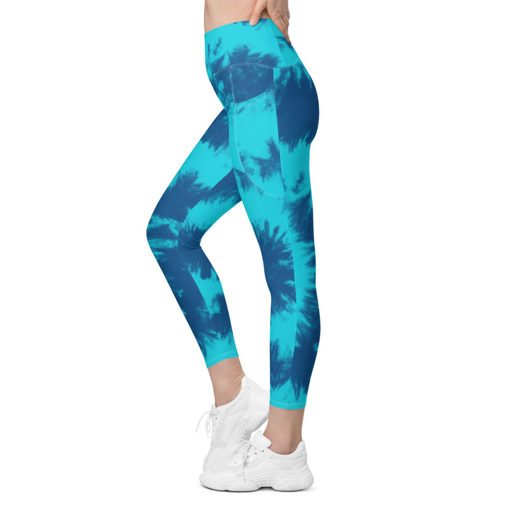 Womens Workout Yoga Blue & Aqua Tie Dye Leggings with Pockets