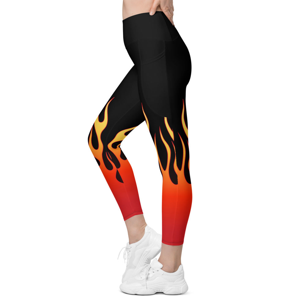 Womens Workout Flame Leggings with Pockets Black/Red | Gearbunch.com