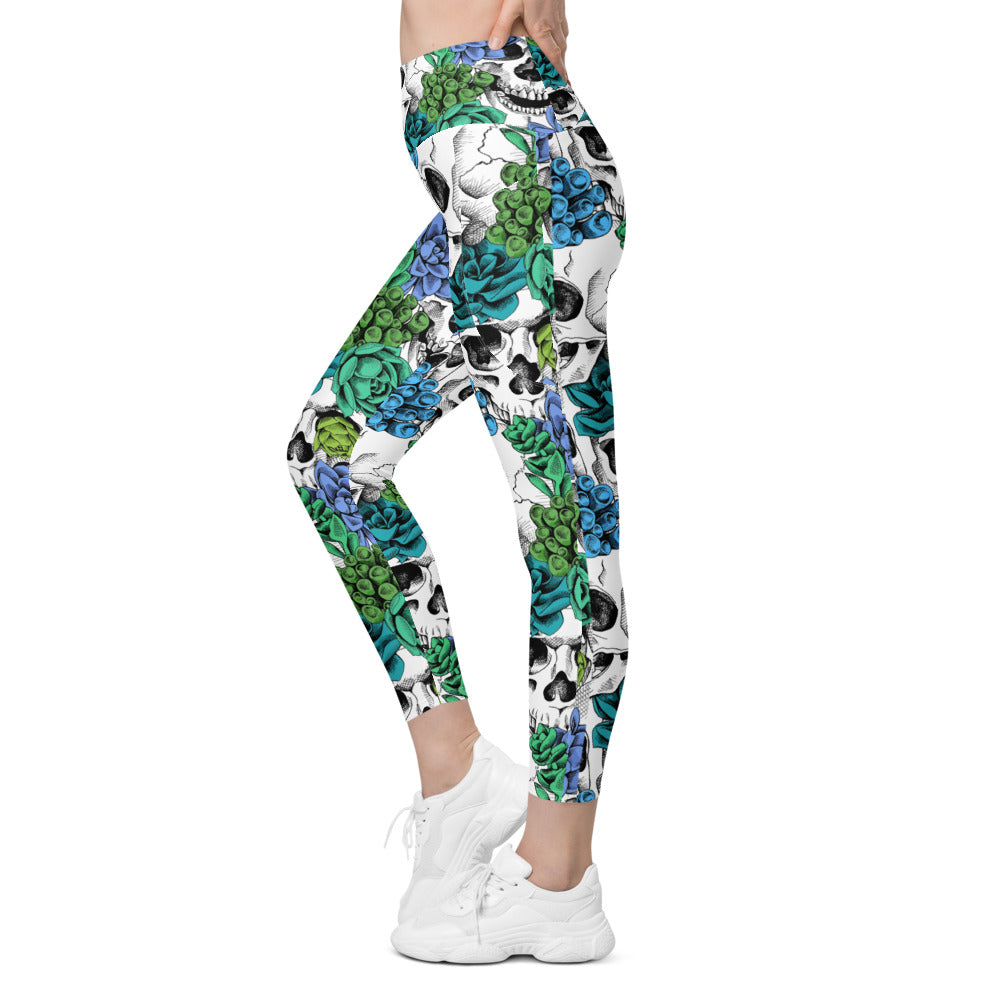 Womens Blue Floral Skulls Leggings with Pockets | Gearbunch.com 