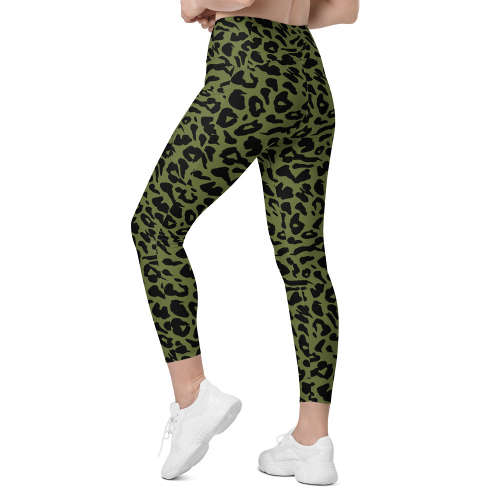 Womens Workout Yoga Olive Green Leopard Skin Leggings with Pockets