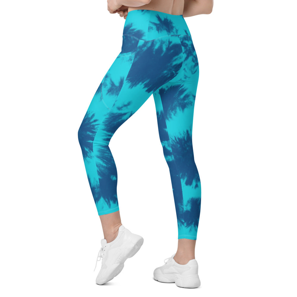 Womens Workout Yoga Blue & Aqua Tie Dye Leggings with Pockets