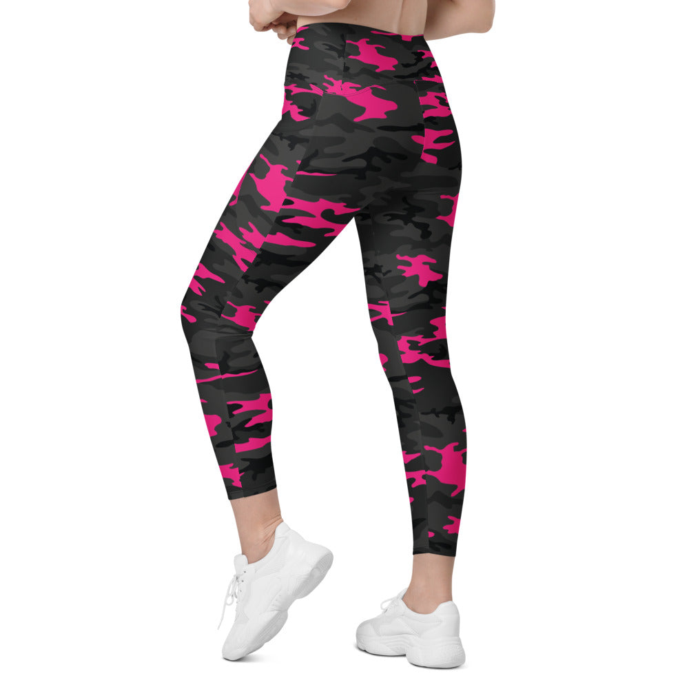 Womens Workout Yoga Dark Pink Camo Leggings with Pockets