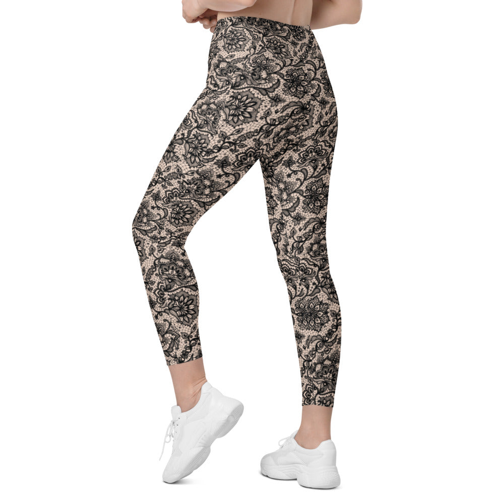 Womens Workout Yoga Black Faux Lace Leggings with Pockets | Gearbunch