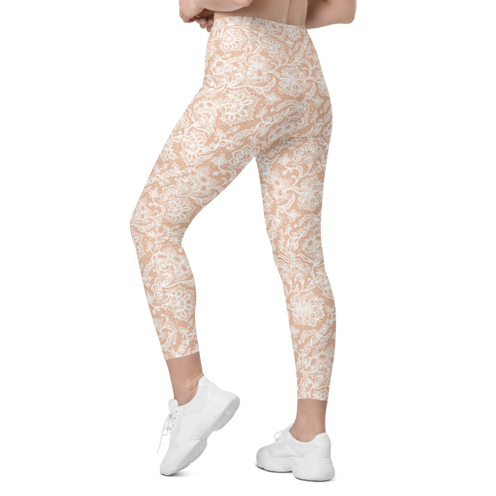 Womens Workout Yoga White Faux Lace Leggings with Pockets