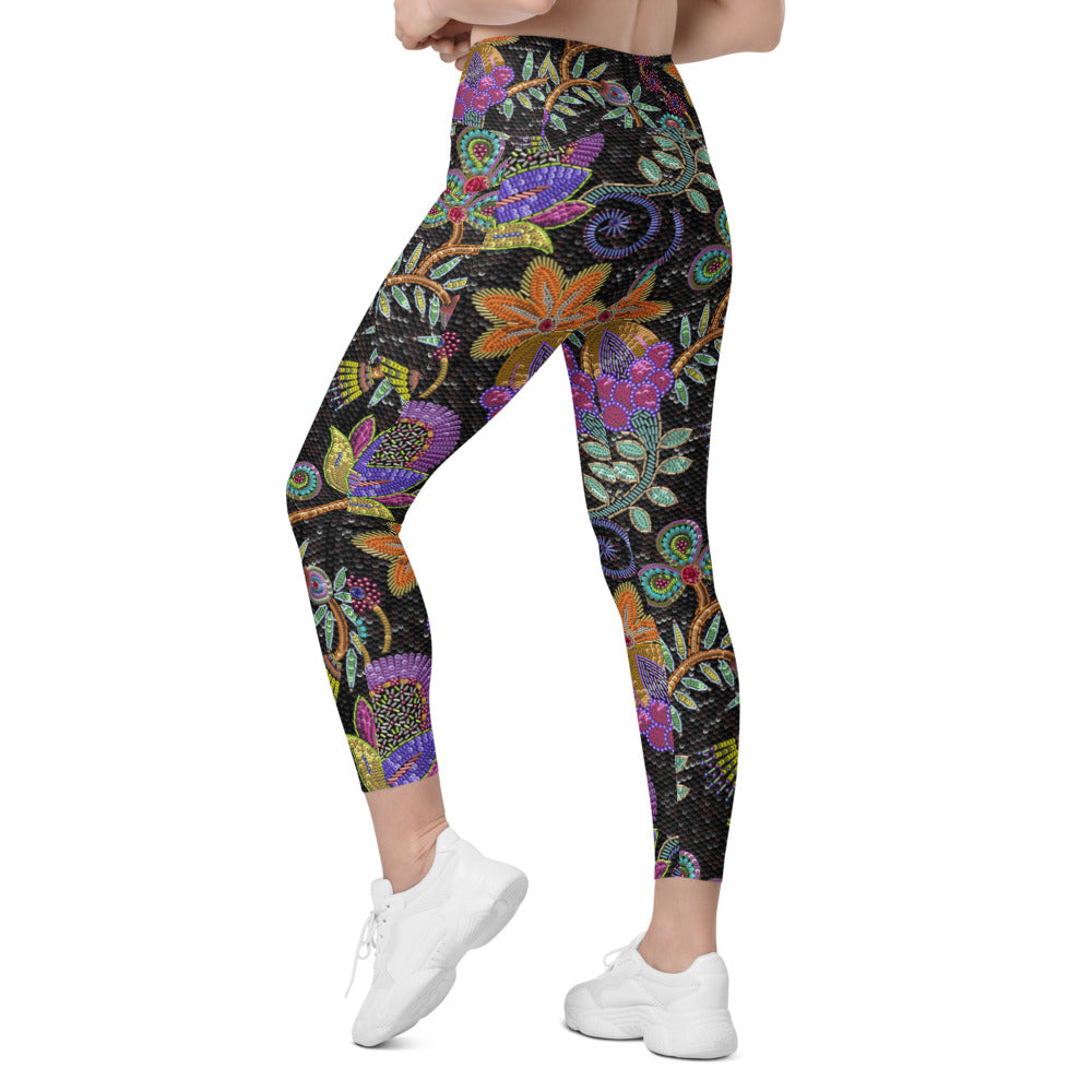 Womens Workout Faux Paillette Flower Leggings with Pockets | Gearbunch