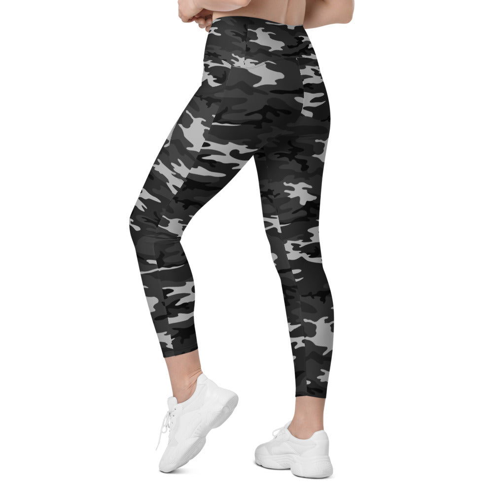 Womens Workout Dark Grey Camo Leggings with Pockets
