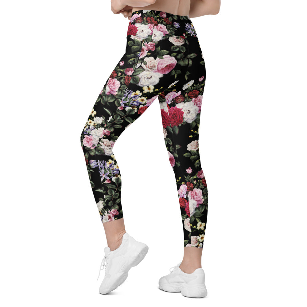 Womens Workout Yoga Colorful Roses Leggings with Pockets | Gearbunch