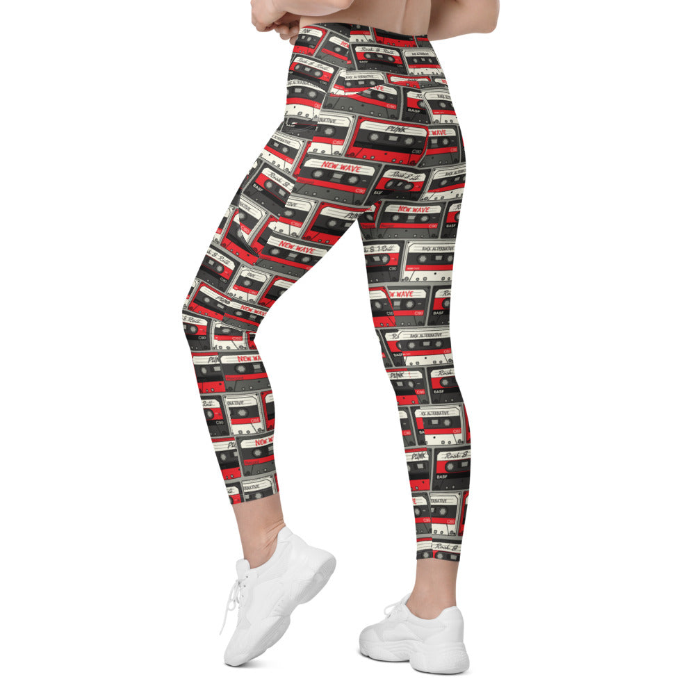 Womens Workout Retro Cassette Tapes Leggings with Pockets | Gearbunch