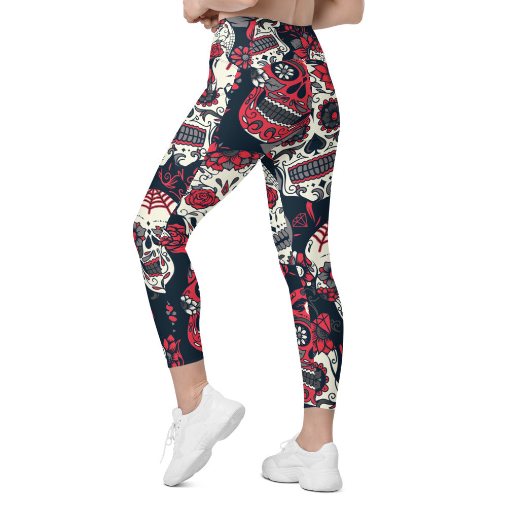 Womens Workout Yoga Pink Sugar Skull Leggings with Pockets | Gearbunch