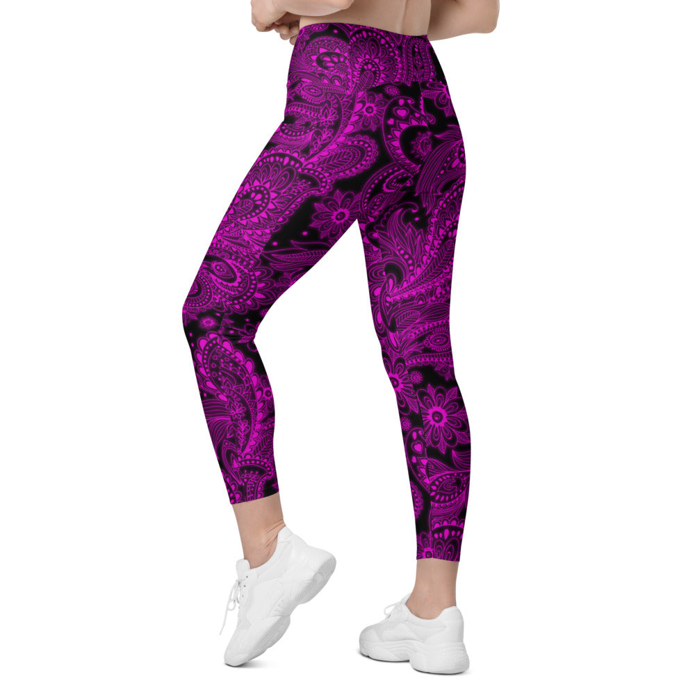 Womens Pink Glowing Floral Leggings with Pockets Black | Gearbunch.com