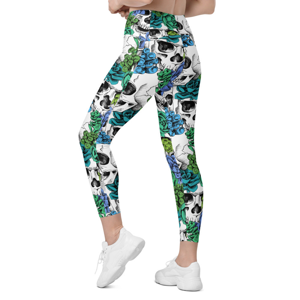 Womens Blue Floral Skulls Leggings with Pockets | Gearbunch.com 