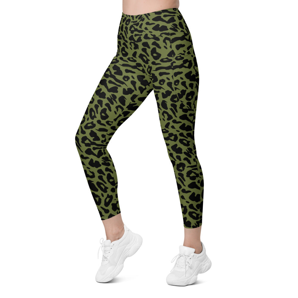 Womens Workout Yoga Olive Green Leopard Skin Leggings with Pockets