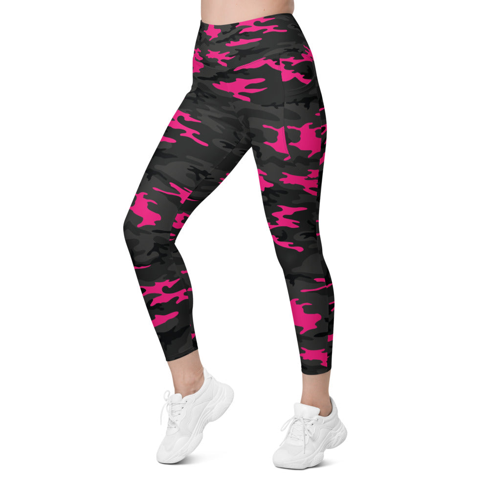 Womens Workout Yoga Dark Pink Camo Leggings with Pockets