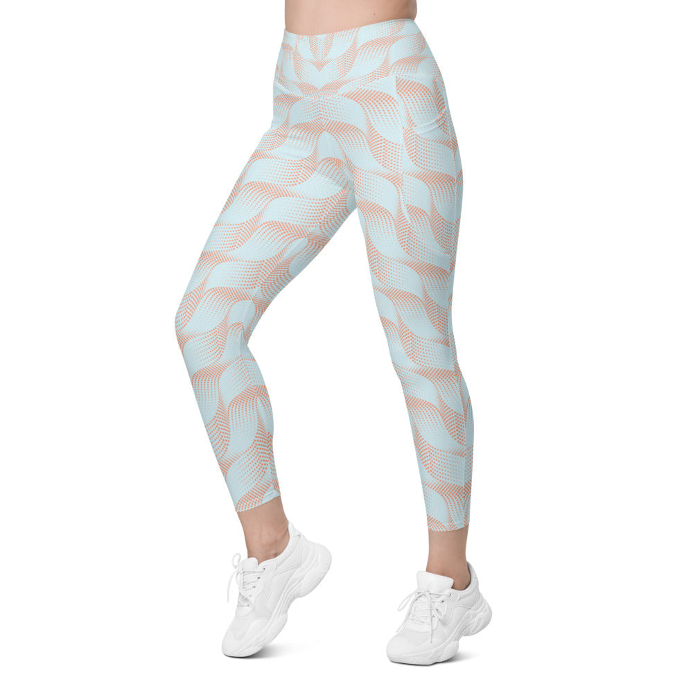 Womens Light Blue & Apricot Wave Leggings with Pockets | Gearbunch.com