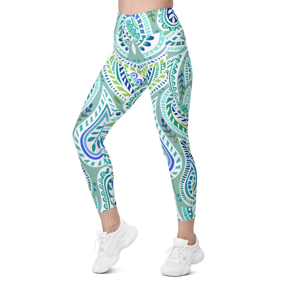 Womens Workout Yoga Blue and Green Paisley Leggings with Pockets 
