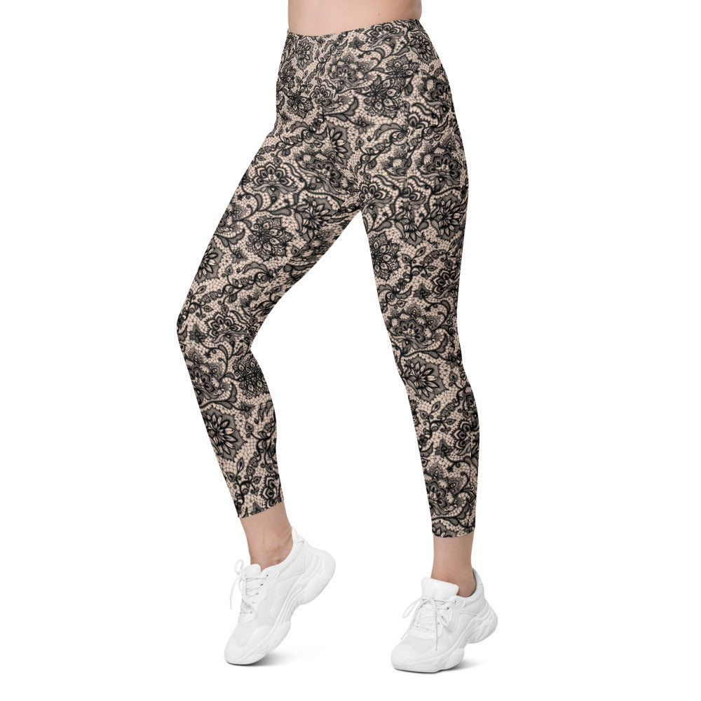 Womens Workout Yoga Black Faux Lace Leggings with Pockets | Gearbunch