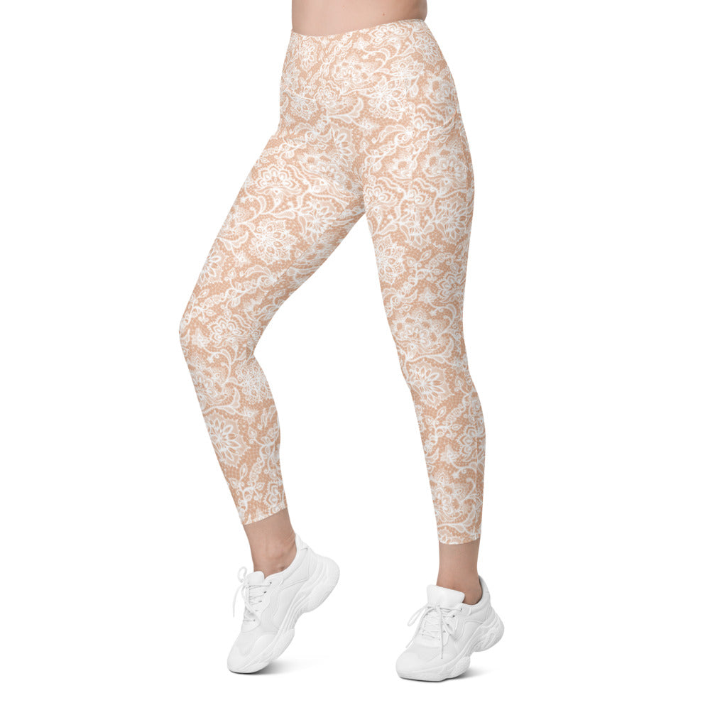 Womens Workout Yoga White Faux Lace Leggings with Pockets | Gearbunch