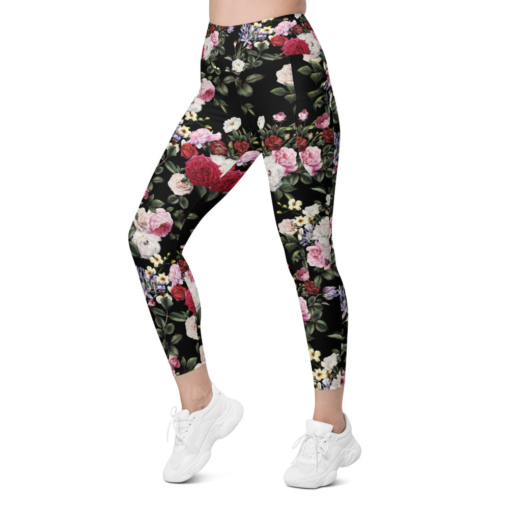 Womens Workout Yoga Colorful Roses Leggings with Pockets | Gearbunch