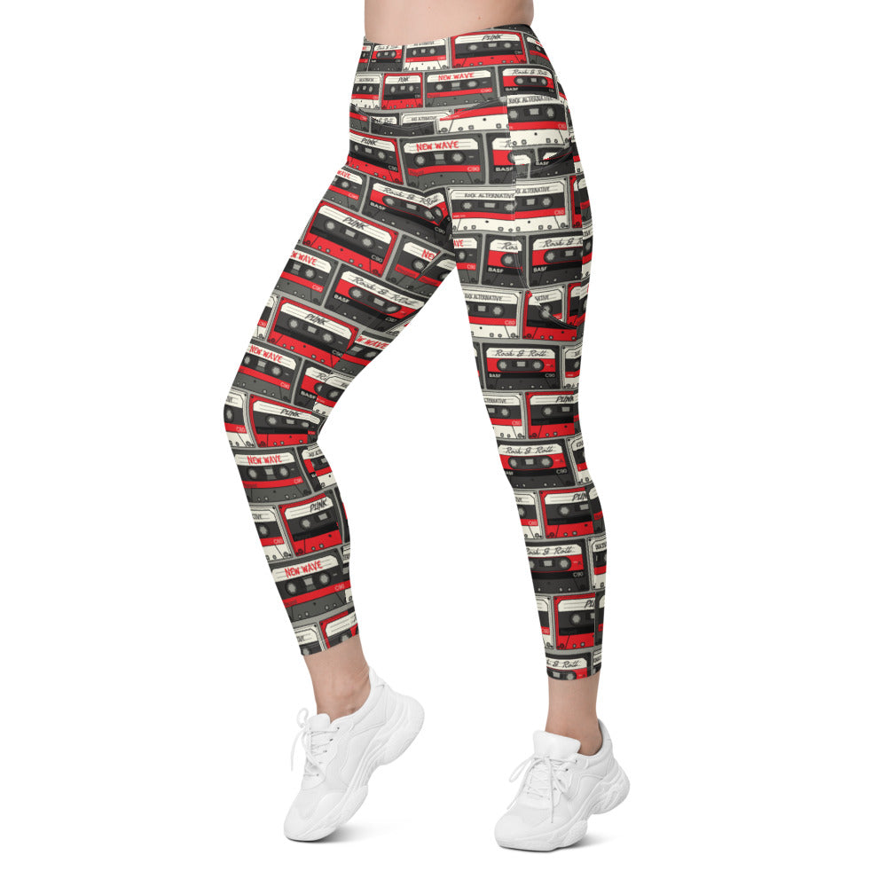 Womens Workout Retro Cassette Tapes Leggings with Pockets | Gearbunch