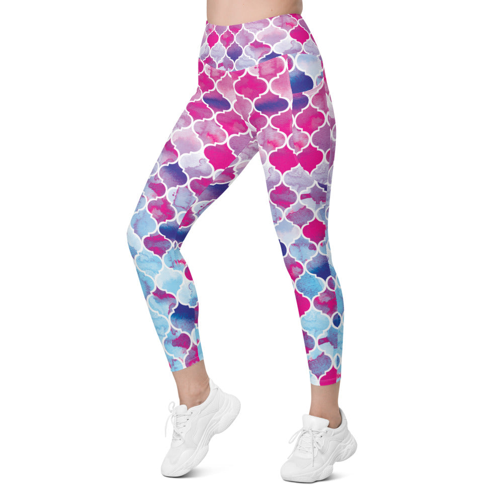 Pink & Blue Arabic Pattern Leggings with Pockets | Gearbunch.com