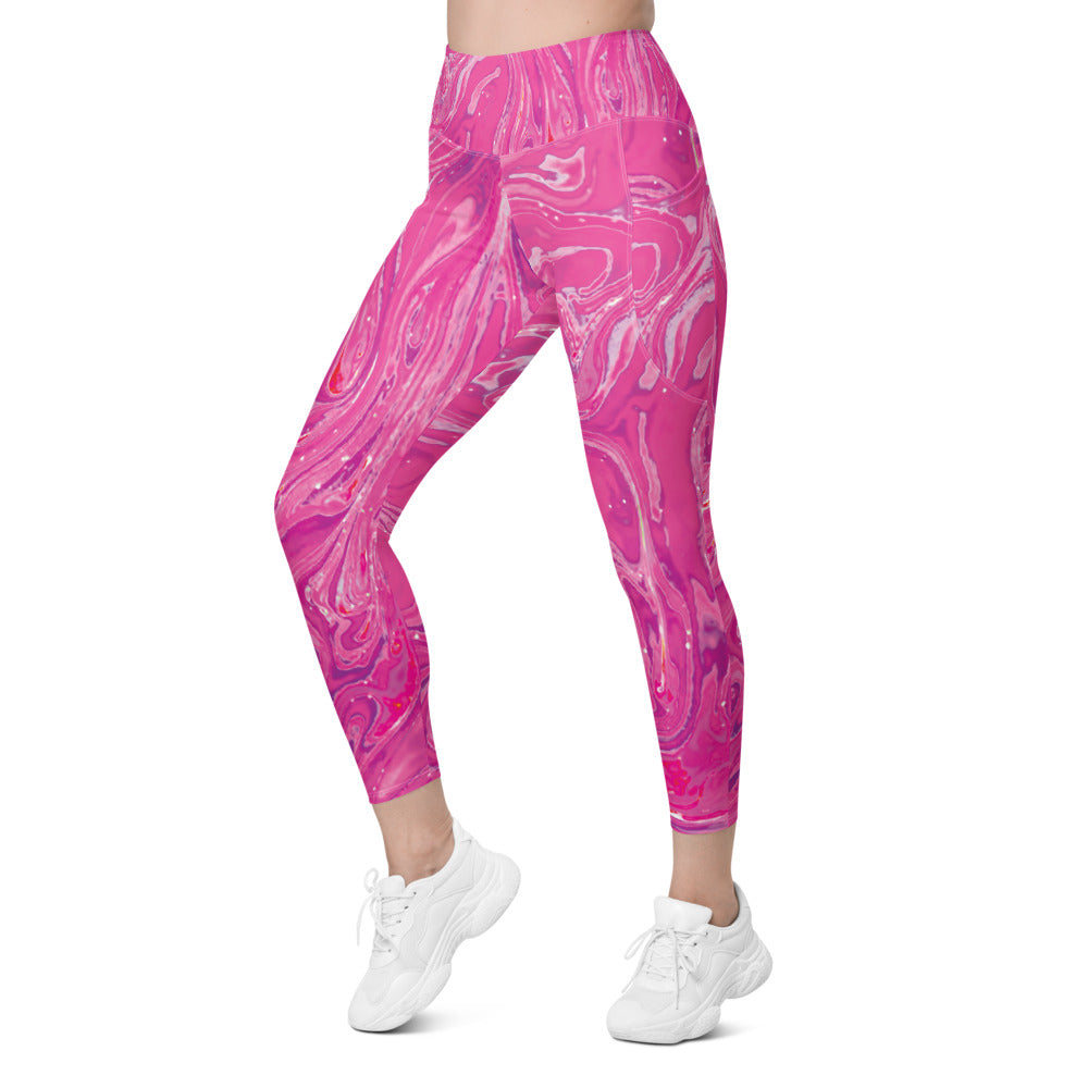 Womens Workout Yoga Pink Swirl Leggings with Pockets | Gearbunch.com