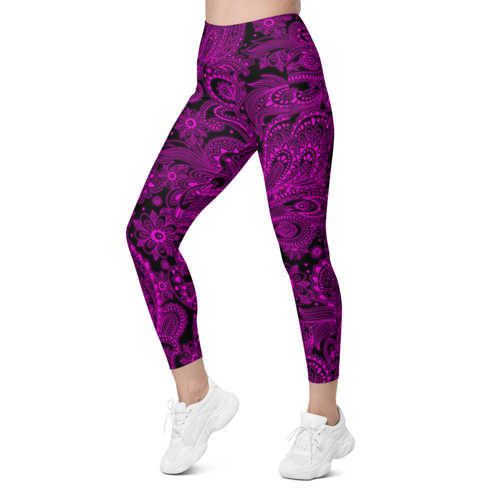 Womens Pink Glowing Floral Leggings with Pockets Black | Gearbunch.com