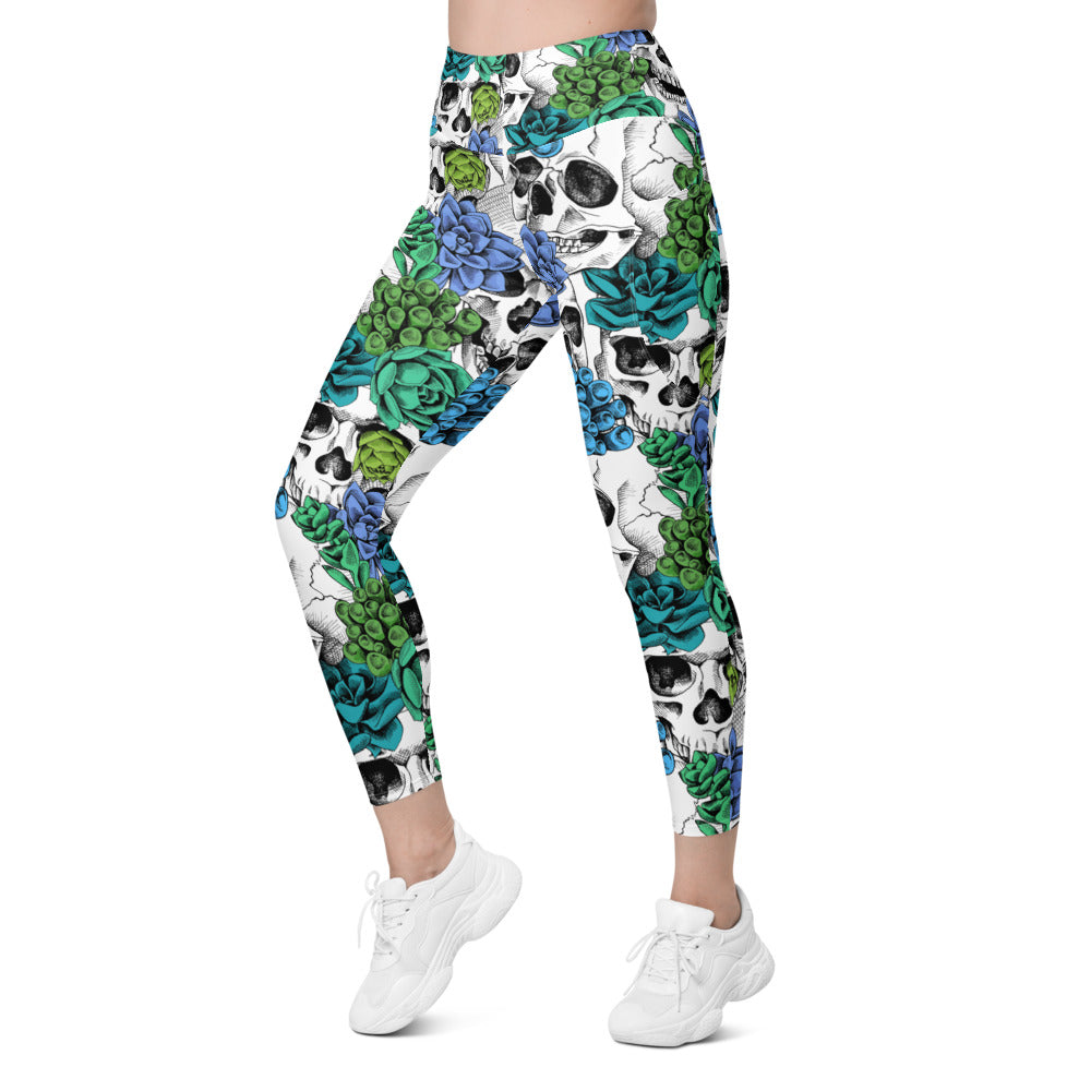 Womens Blue Floral Skulls Leggings with Pockets | Gearbunch.com 