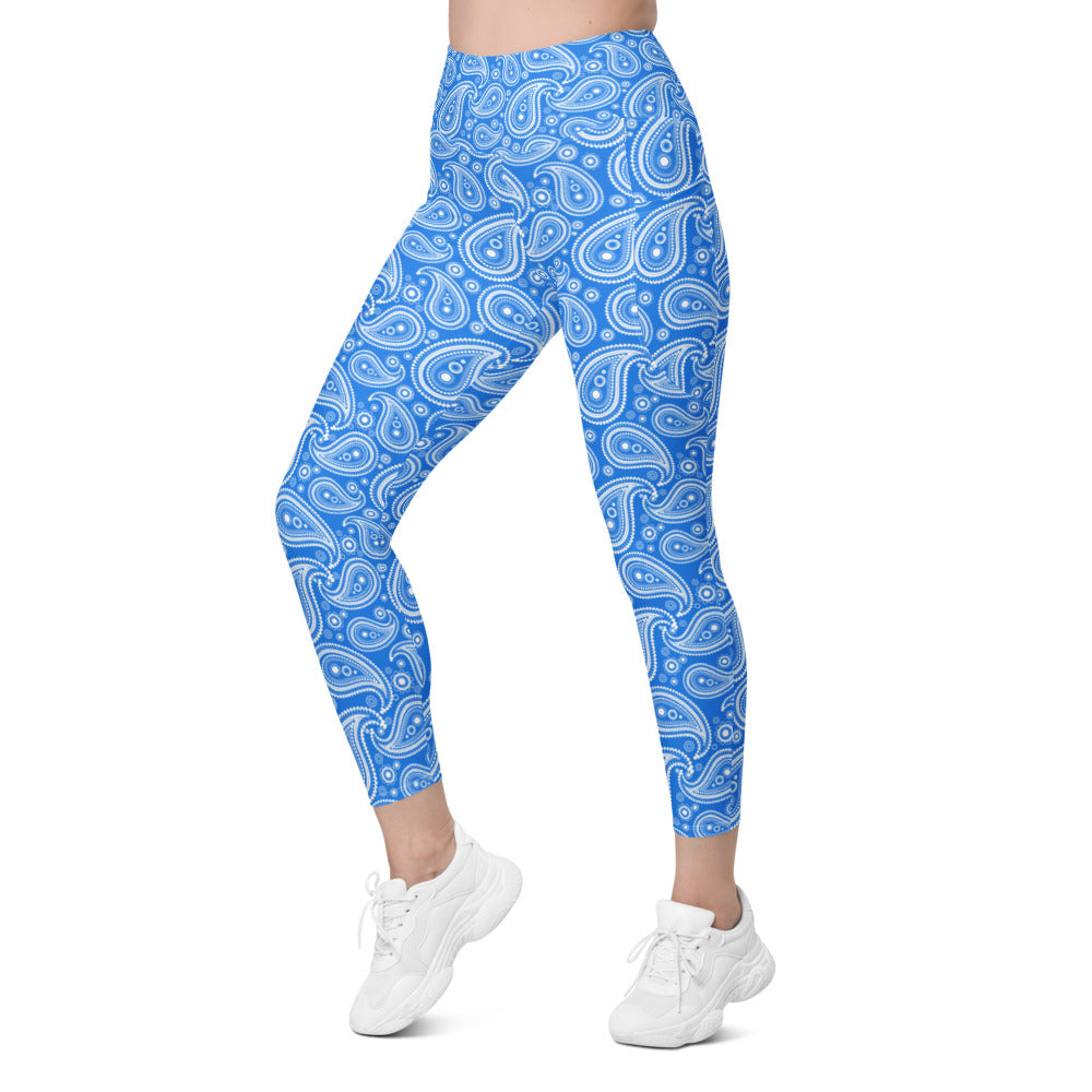 Womens Blue & White Paisley Leggings with Pockets | Gearbunch.com