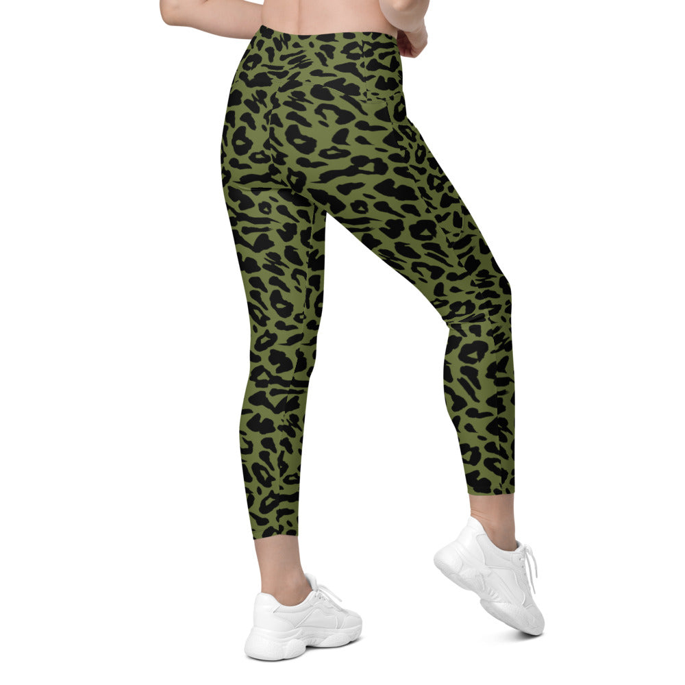 Womens Workout Yoga Olive Green Leopard Skin Leggings with Pockets