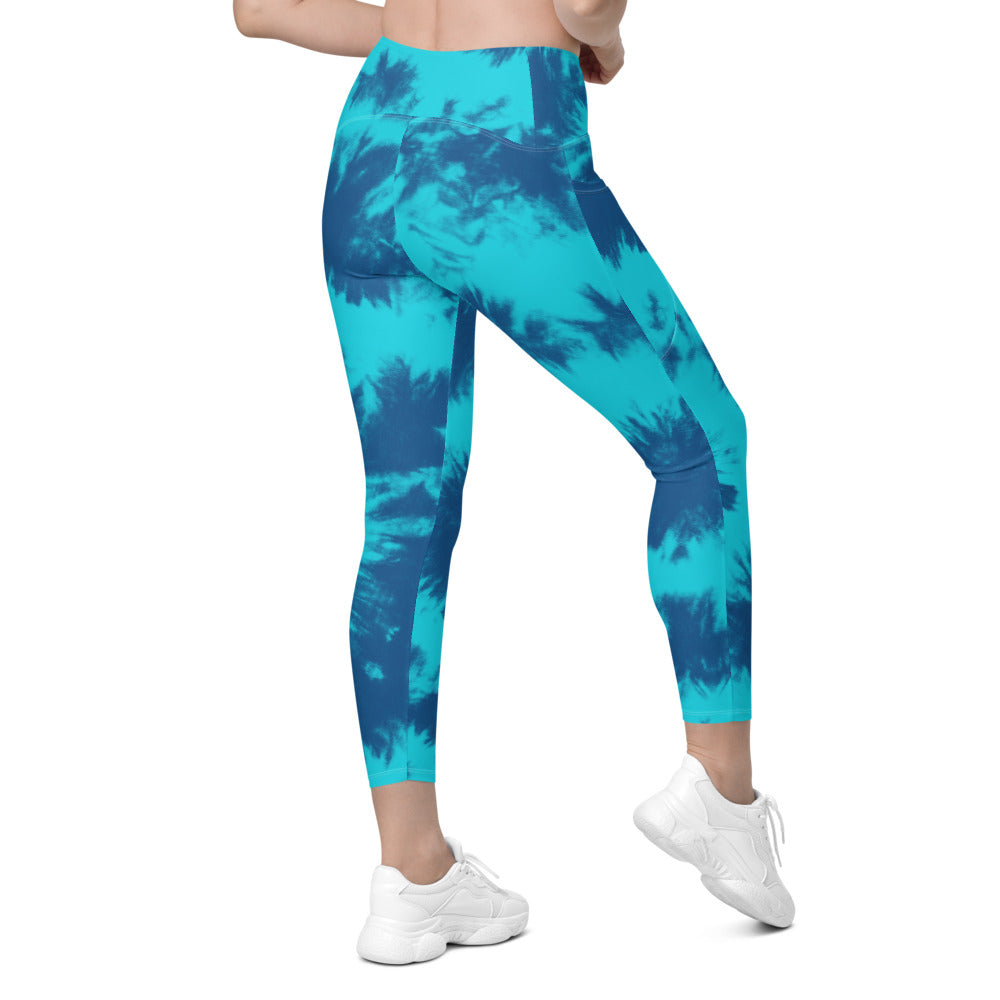 Womens Workout Yoga Blue & Aqua Tie Dye Leggings with Pockets