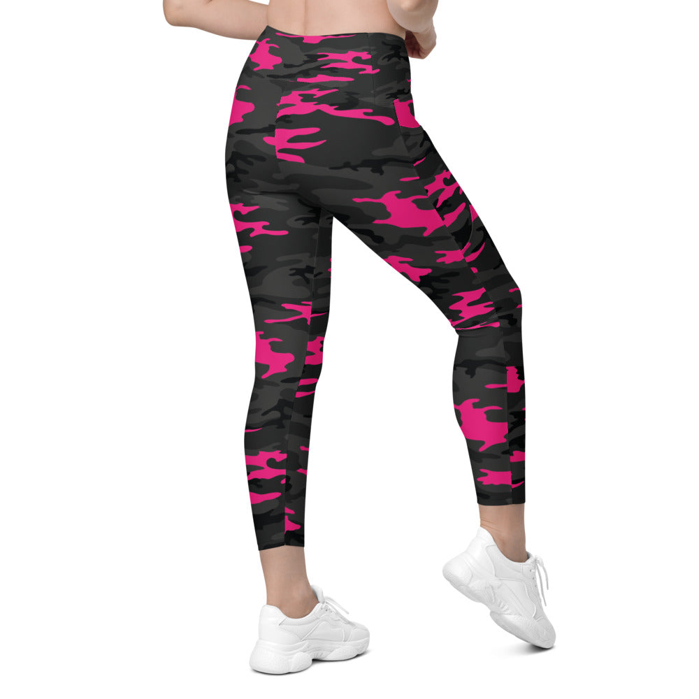 Womens Workout Yoga Dark Pink Camo Leggings with Pockets | Gearbunch