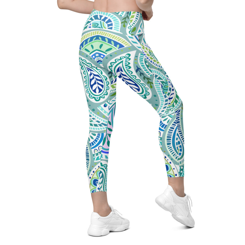 Womens Workout Yoga Blue and Green Paisley Leggings with Pockets 