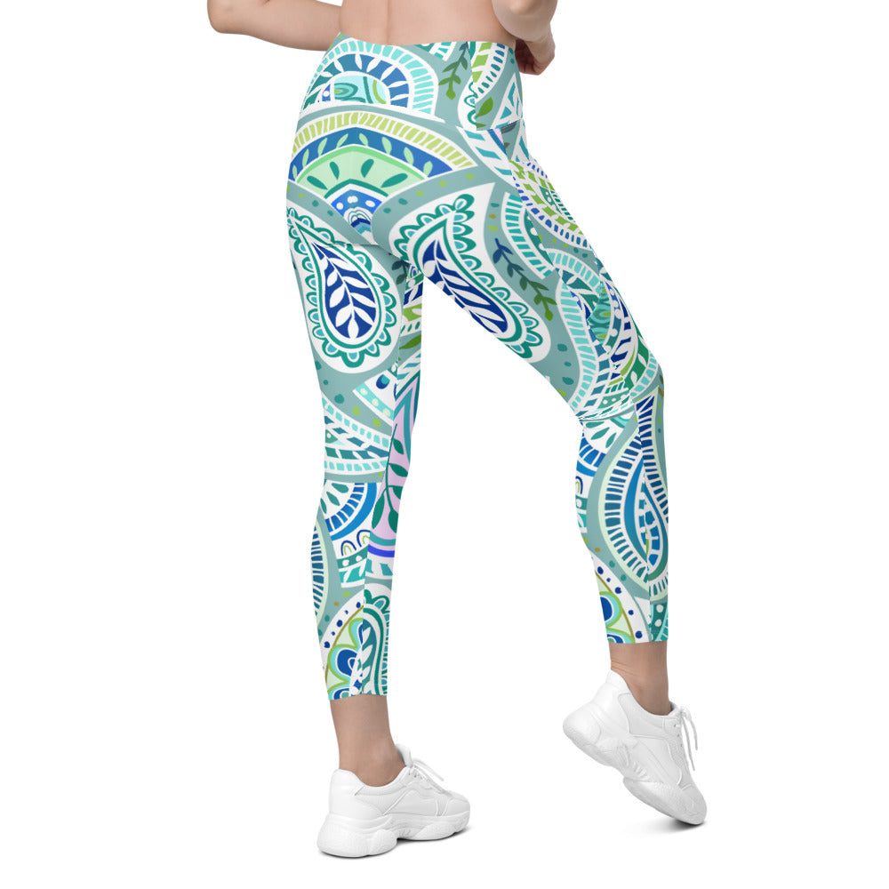 Womens Workout Yoga Blue and Green Paisley Leggings Red/Black/White