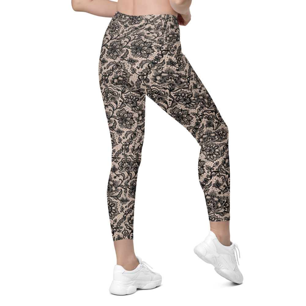 Womens Workout Yoga Black Faux Lace Leggings with Pockets | Gearbunch